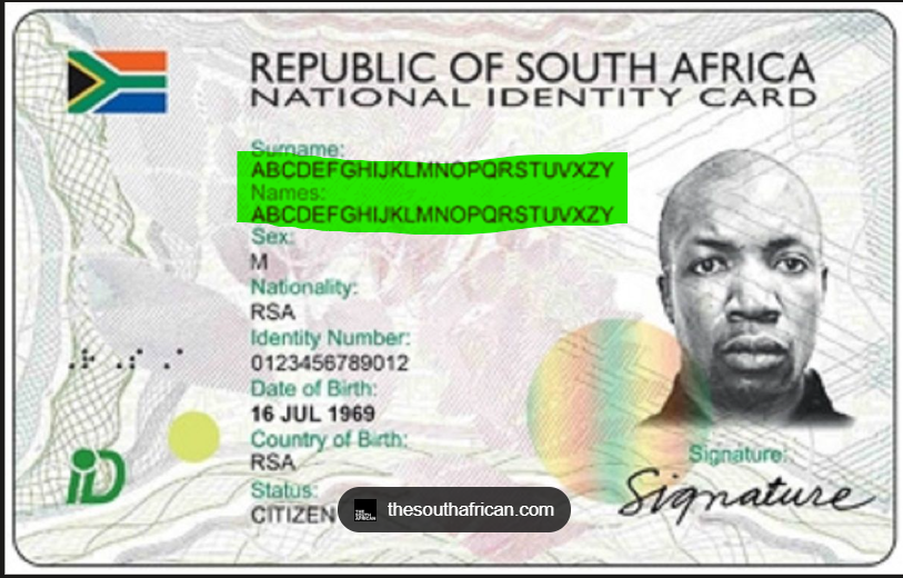 Example South African ID card highlighting the Surname and Names fields